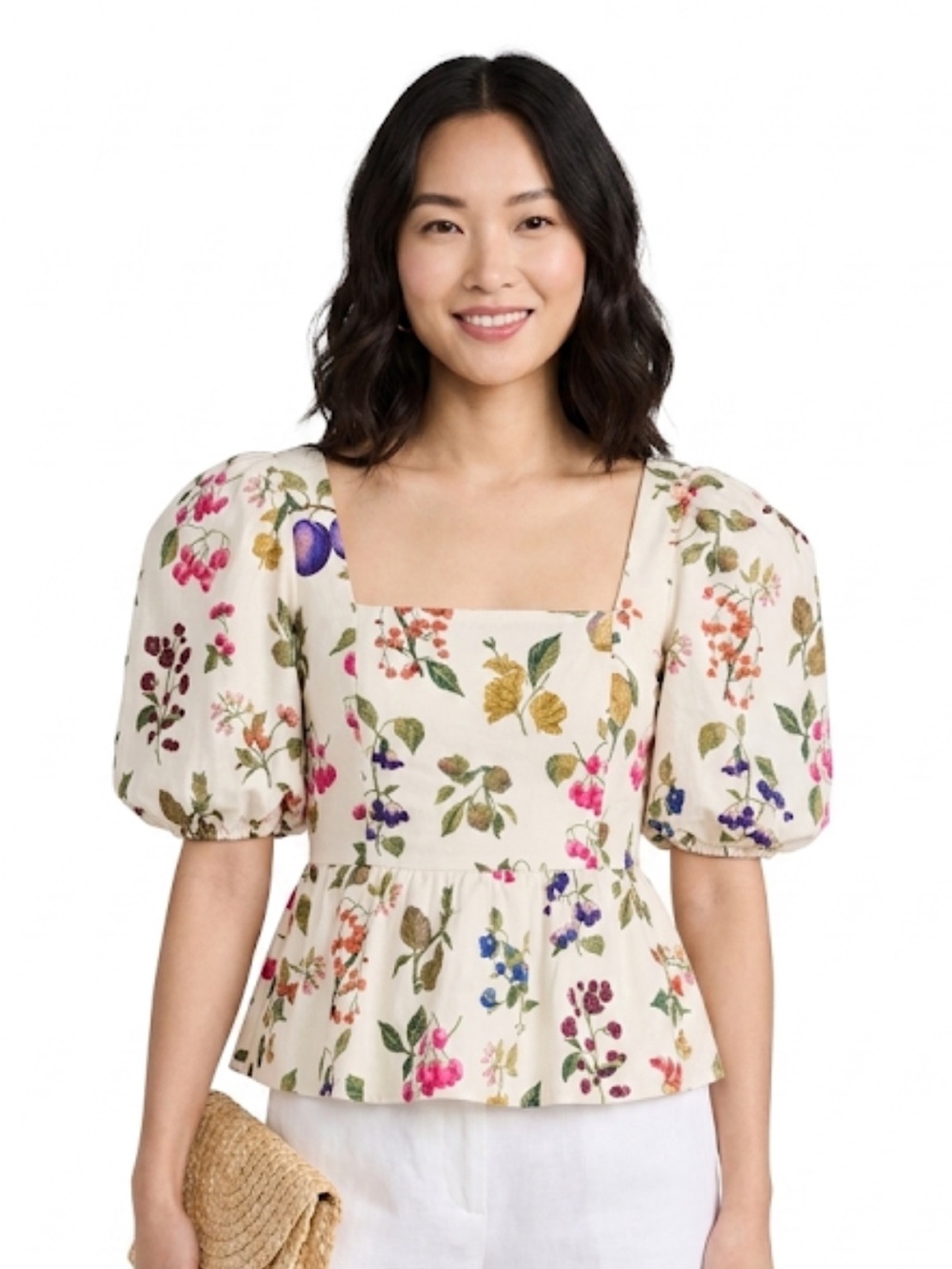 Cara Cara Cream Floral Puff-Sleeve Peplum Blouse
